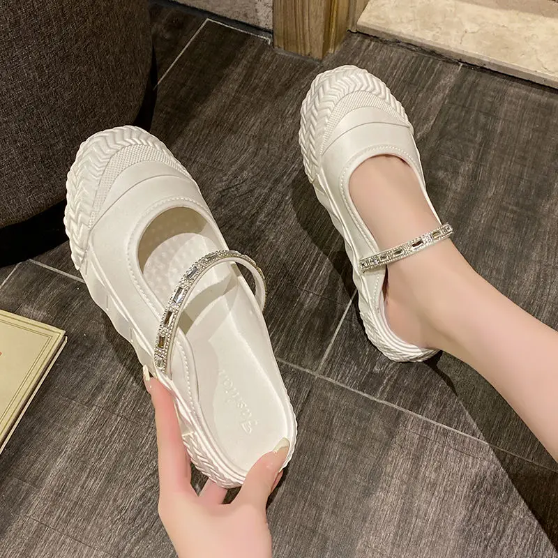 Low Heel White Woman Slippers Jewels Outside Summer Shoes for Women 2024 Sandals Rhenstone  Mules Crystals Non Slip Trend Slides