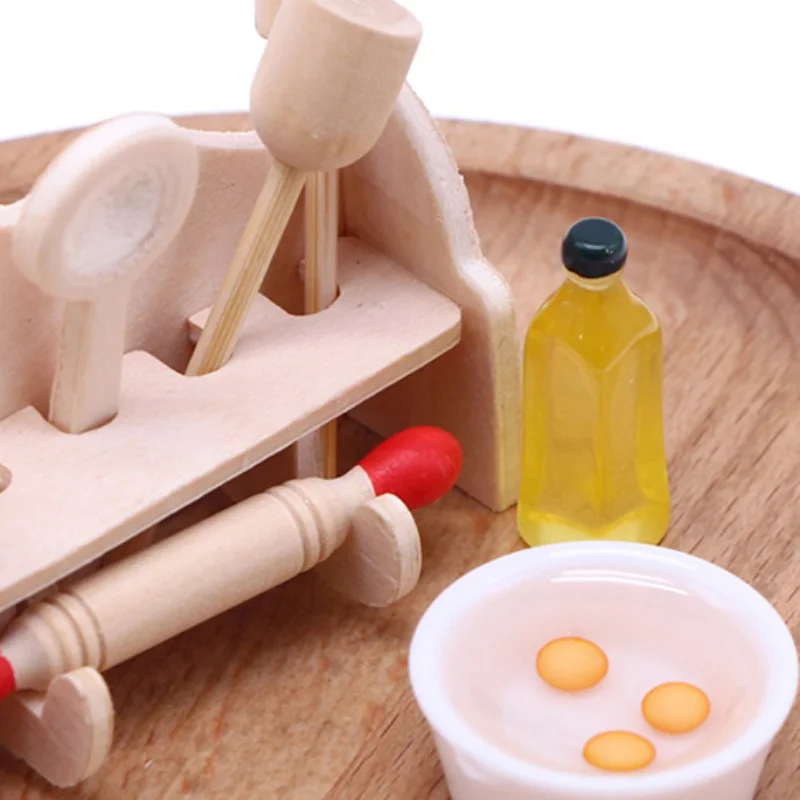 

1Set Dollhouse Miniature Cookware Rolling Pin Spoon With Storage Rack Kitchen Utensils Model Doll House Decor Accessories