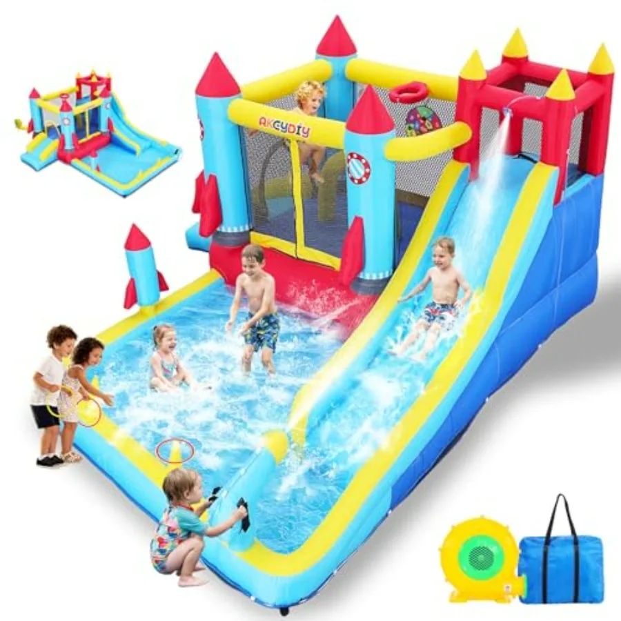 Inflatable Bounce House for indoor and outdoor use, PVC material, blue and red, 12-in-1 dual water slide with climbing wall, pu