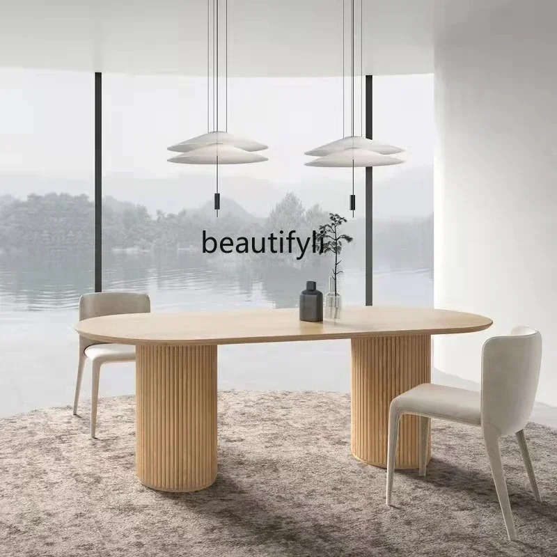 

Oval solid wood dining table and chair combination long table Roman column simple log designer dining tableAA