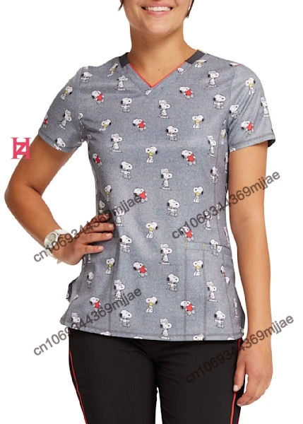 Summer Printed Pattern T-shirt Casual and Comfortable Nurse Uniform African American Style V-neck Double Pocket Design T-shirt