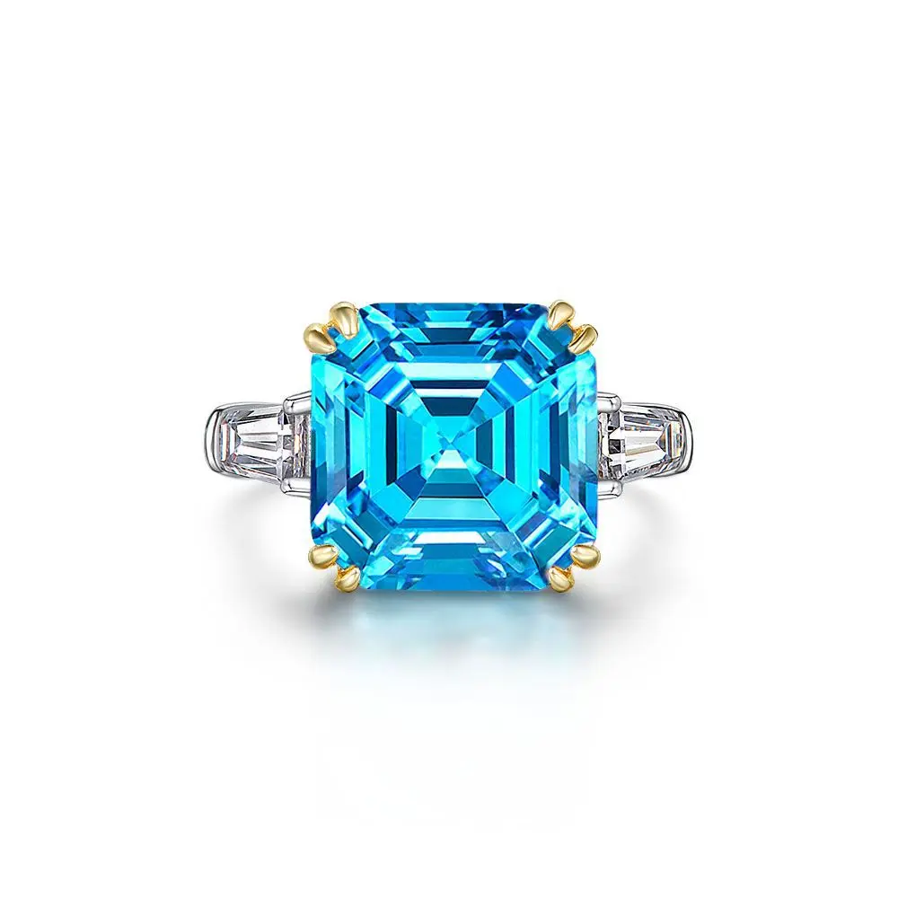 S925 Silver European and American Luxury Square Simulation Diamond 7-carat Sea Blue 12 * 12 Pagoda Cutting Wedding Jewelry