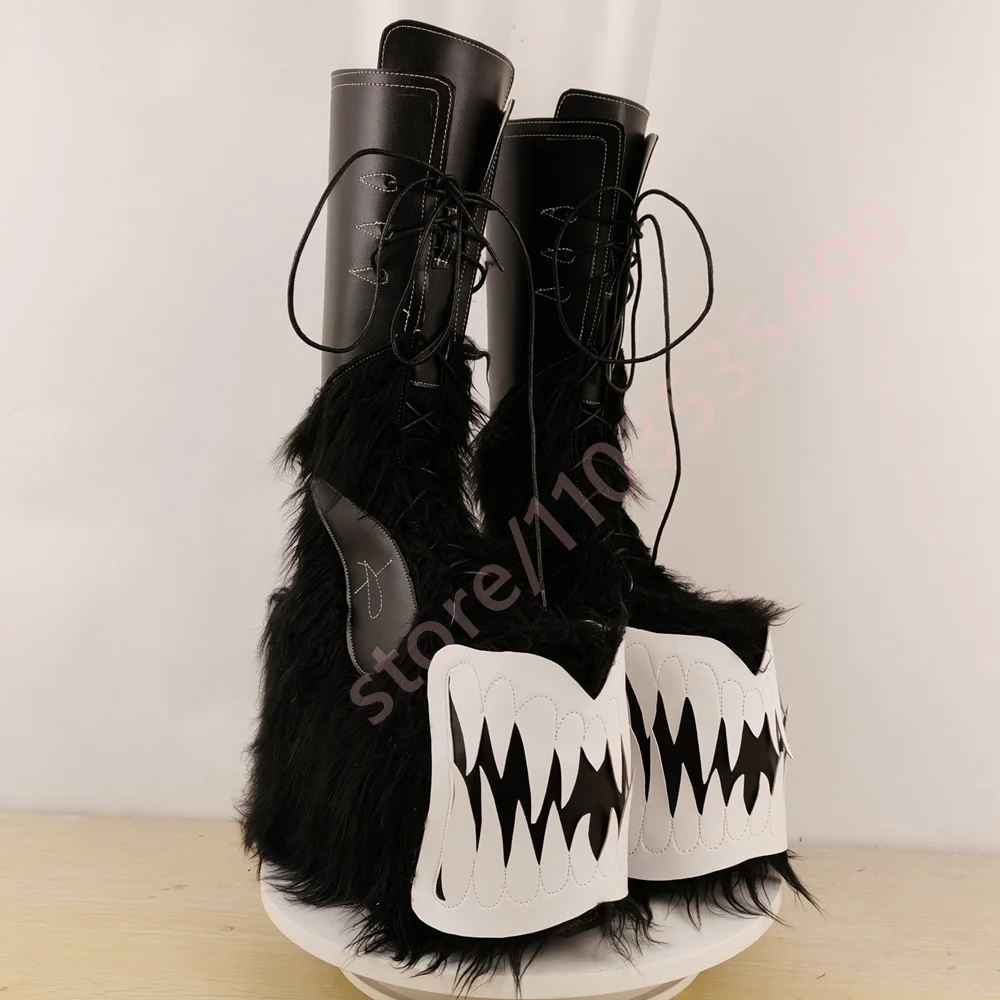 Women's Gothic Furry Platform Knee-High Boots Lace-Up Front Sharp Teeth Pattern Chunky Heel Boots Halloween Punk Long Boots