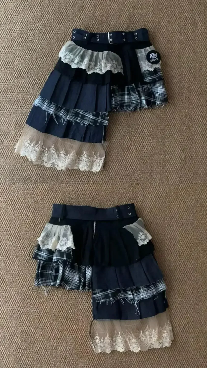 Summer Spicy Girl Vintage 2 Piece Sets Y2k Lace Splice Sleeveless Tops + Irregular Mini Skirt Female Punk Style Design Outfits