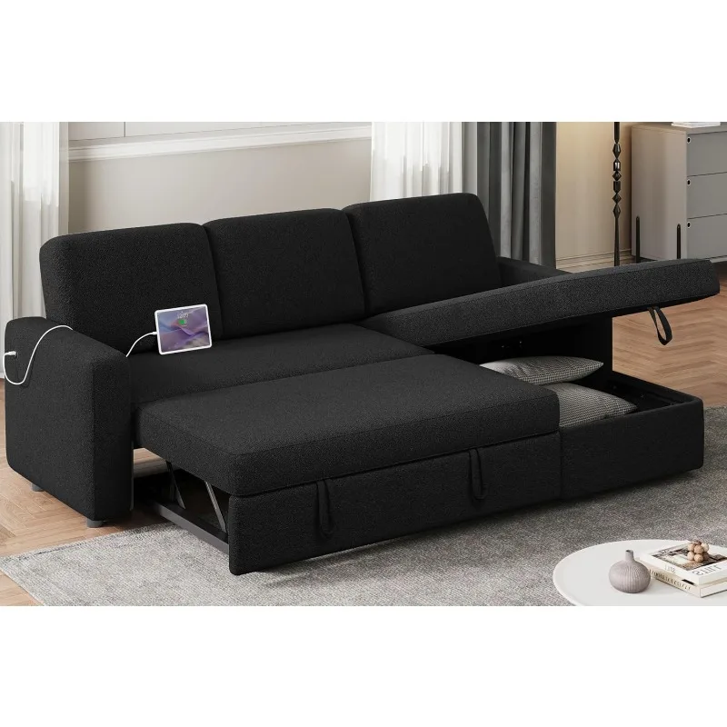 Sectional Sofa L-Shaped Sofa Couch Bed w/Chaise & USB, Reversible Couch Sleeper w/Pull Out Bed & Storage Space, 4-seat Fabric