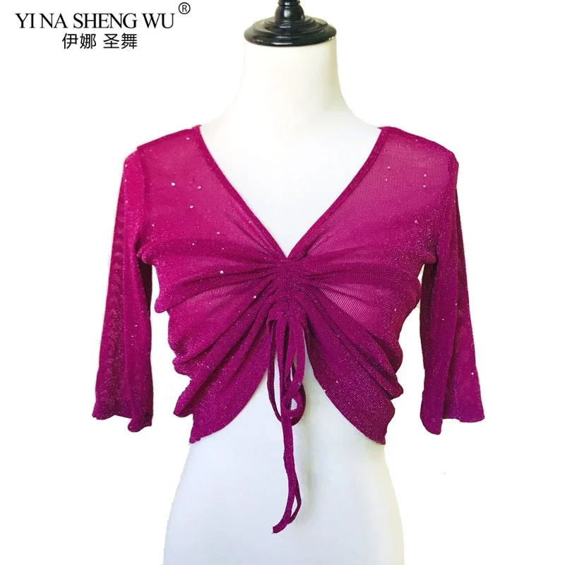 Women Dance Top Belly Dance Costume Half Sleeve Sexy Transparent Silver Mesh Tops&Tees Indian Oriental Dance Tops Practice Wear