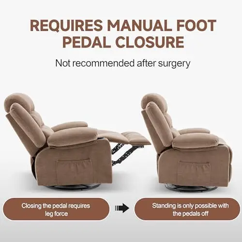 Rocker Recliner Chair with Heat & Massage, 360° Swivel, Oversized Single Sofa Seat (Brown)