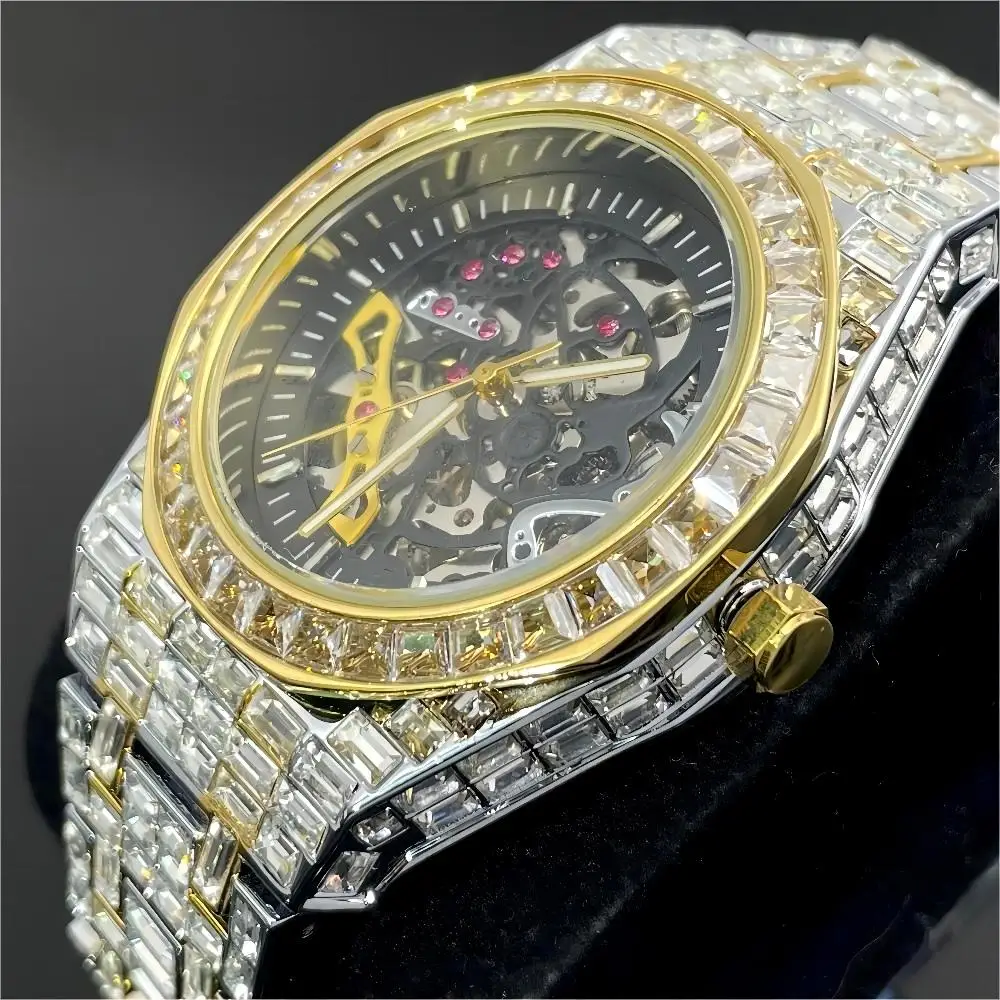 Fashion Brand MISSFOX Gold Sliver Hollow Automatic Men Watch Iced Out Diamond Mechanical Wristwatch Luxury Waterproof Male Clock