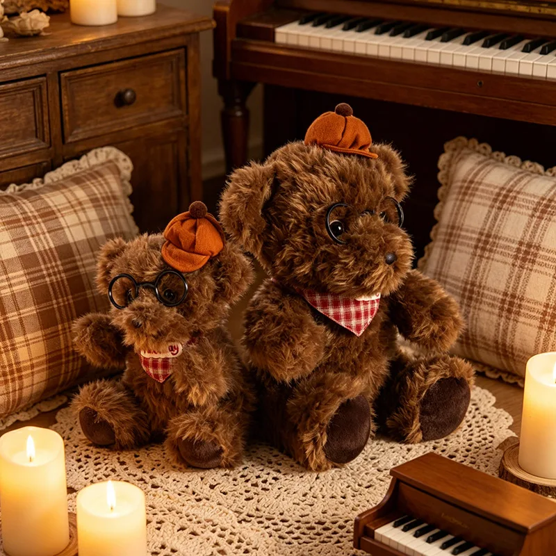 Curly Brown Teddy Bear Plush Doll 2 Sizes Glasses Beret Bandana Stuffed Animal Desktop Sofa Decor for Gifts.