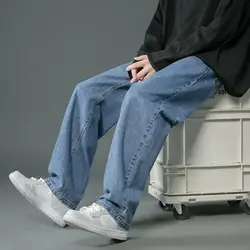 2024 kore moda erkek düz geniş bacak kot klasik adam gevşek Baggy Denim pantolon yüksek bel rahat gevşek Denim kargo pantolon