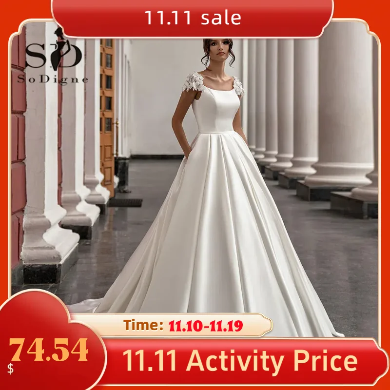 

Платье свадебное атласное с круглым вырезом и цветочным принтом, с карманами