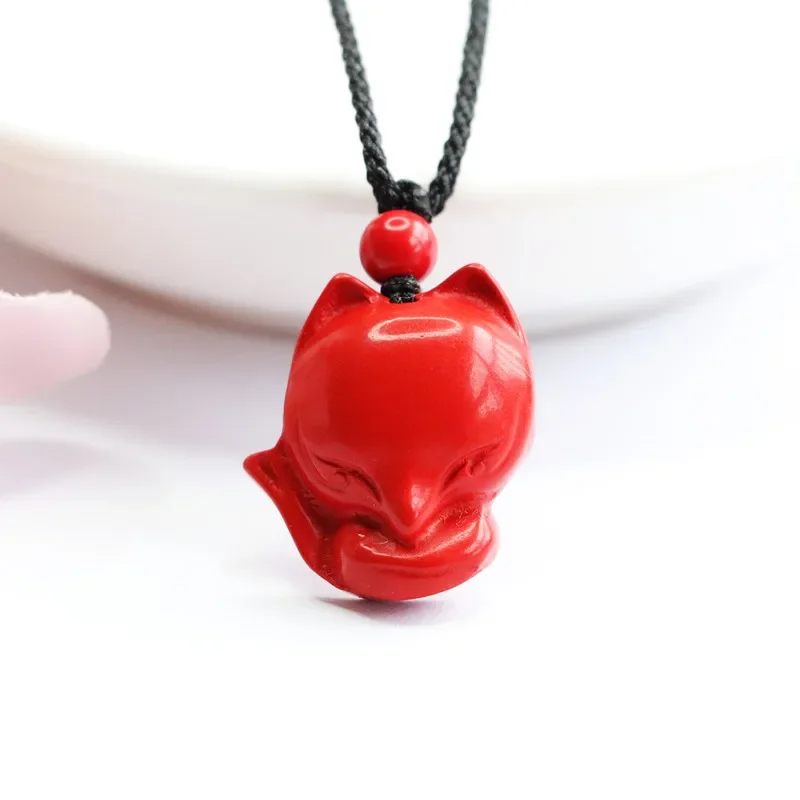 Chinese Cinnabar Jade Nine Tailed Fox  Pendant Necklace Jewellery Chinese Hand-Carved Healing Women Luck Sweater Chain