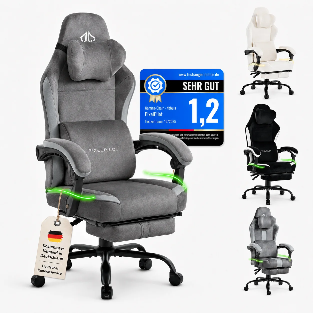 PixelPilot ® Chaise de jeu ergonomique [tissu respirant] avec repose-pieds, support pour la tête et les lombaires, chaise de bureau PC [assise large]