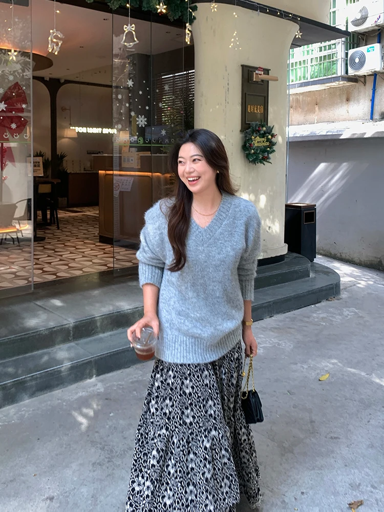 

Женский свитер Lin Da Hui с V-образным вырезом, мягкий и уютный, осенне-зимний, больших размеров, теплый, толстый, вязаный, с длинными рукавами, повседневный стиль