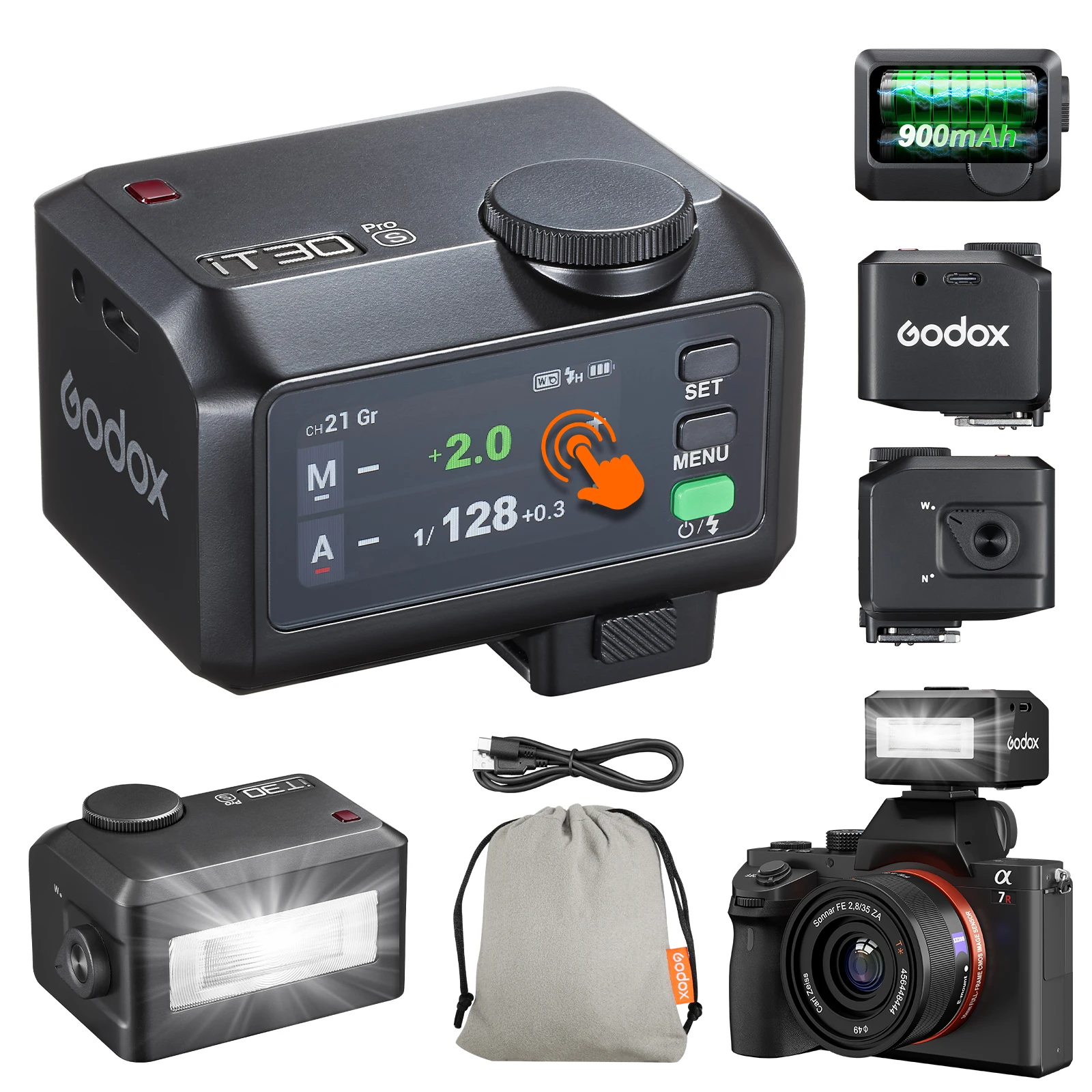 Godox IT30 Pro Wireless TTL Mini Flash 2.8' Touchscreen 2.4G Camera Flash for Canon Nikon for Sony Fuji Olympus