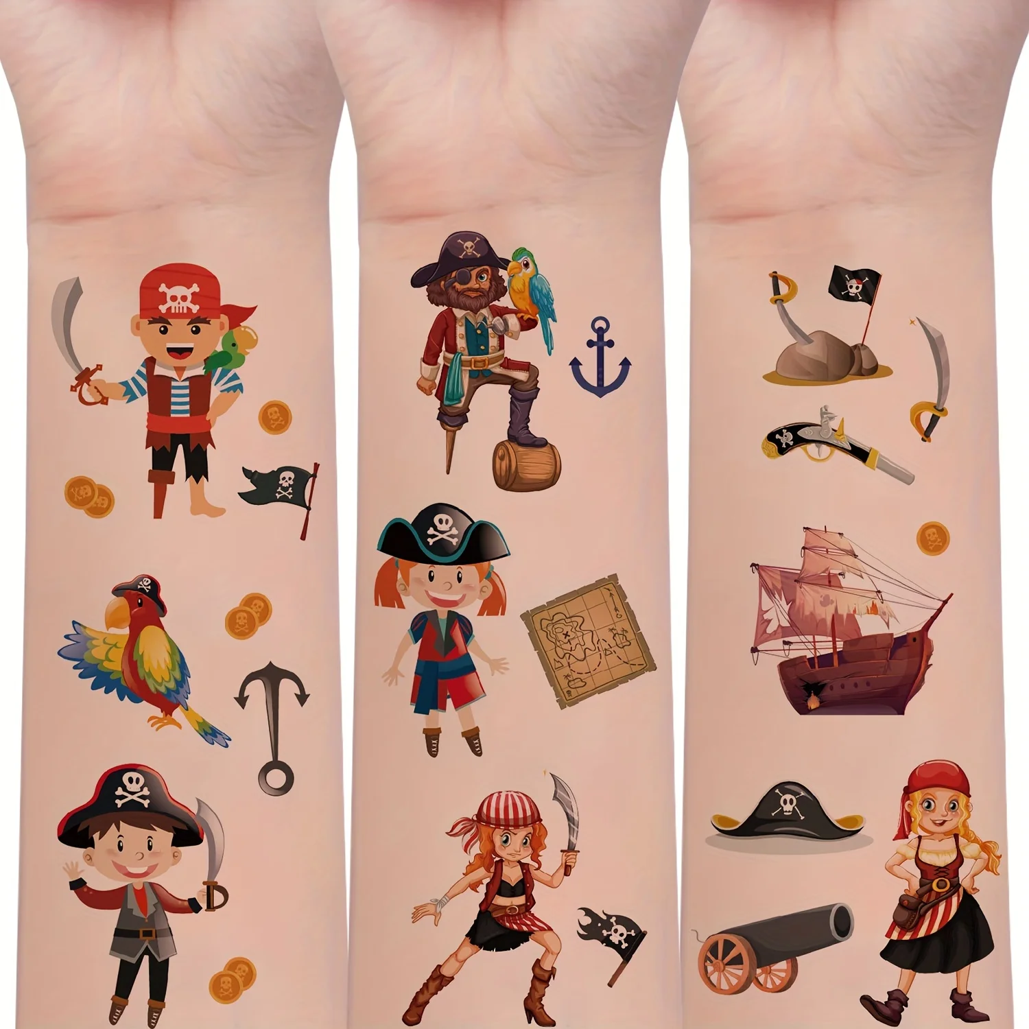 10 Sheets Pirate Temporary Tattoos for Kids Children Boys Girls Party Bag Fillers Cartoon Fake Tatoo Waterproof Hands Arm Body