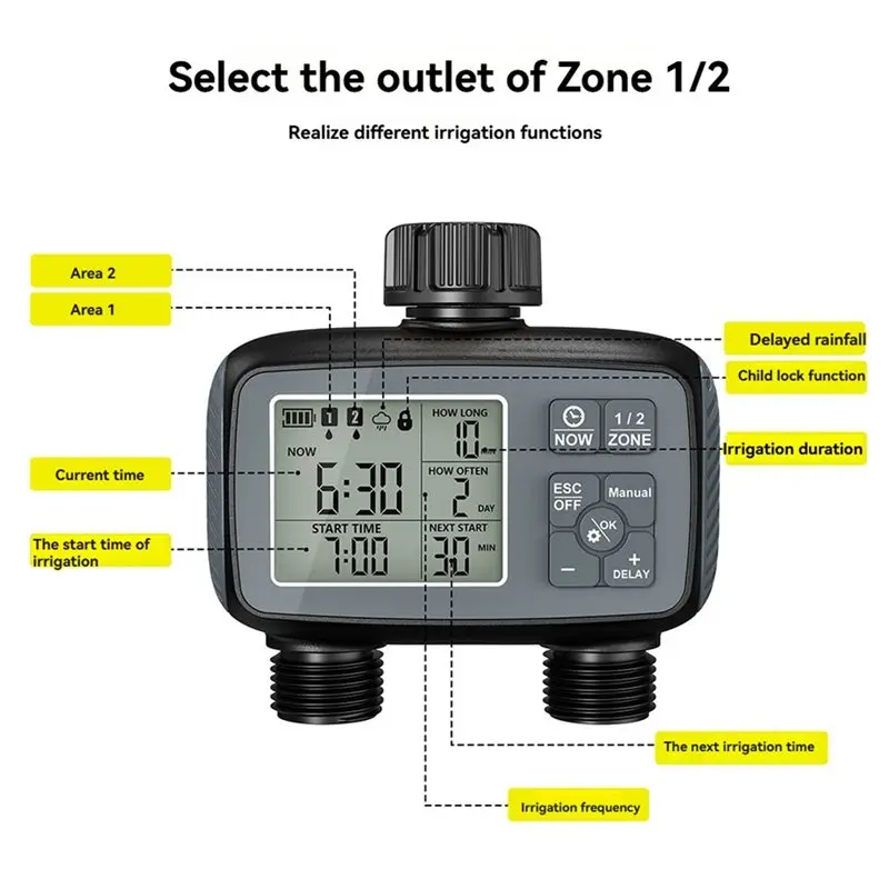 WORTHOWN-Programmable 2 Zone Sprinkleler Timer Automatic For Garden Hose Drip Irrigation Function US Watering Timer