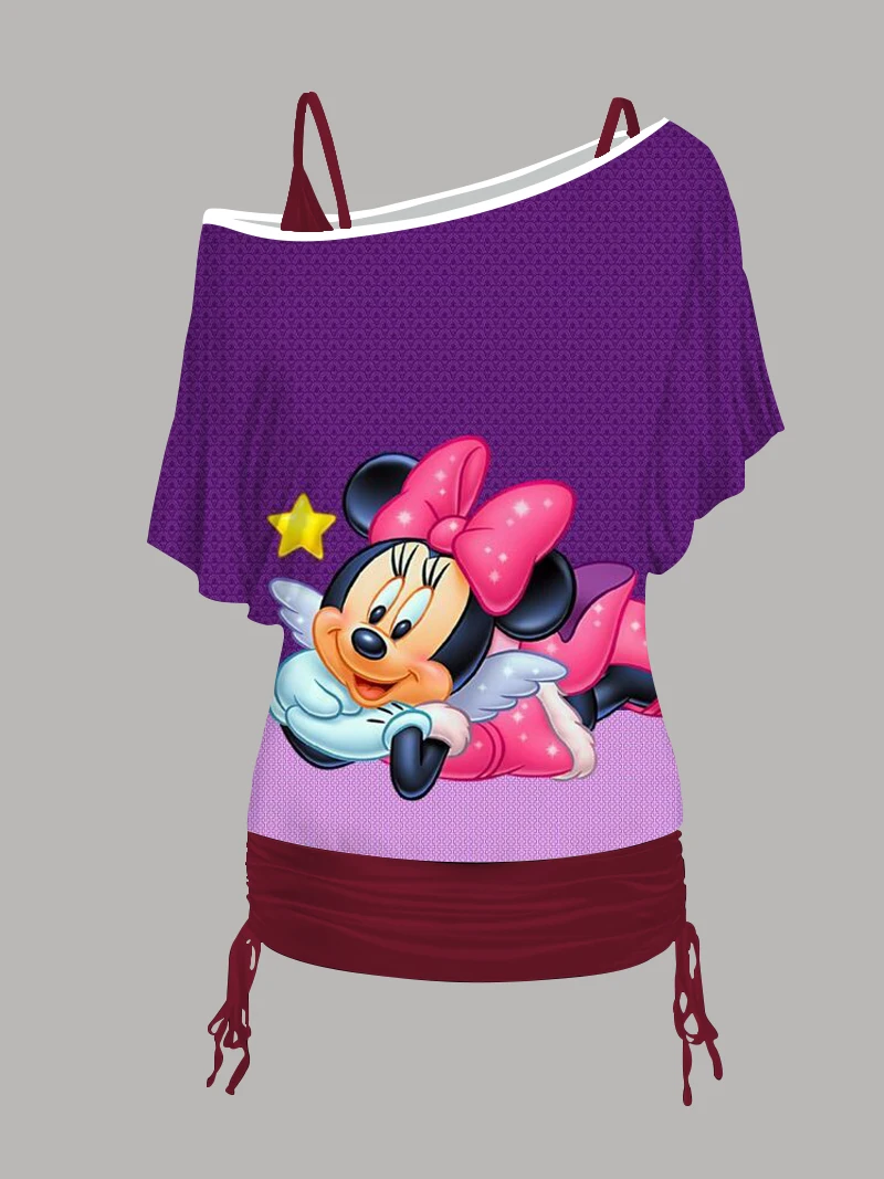 Disney Kleid T-Shirt Minirock Damen bekleidung Set Mickey One Shoulder Sleeve Mode Sommerkleider 2024 sexy Rundhals ausschnitt Tops