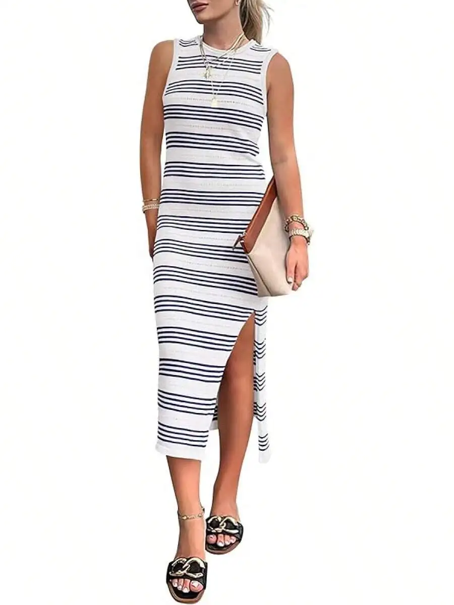 

Womens Sleeveless Striped Knit Midi Dress With Side Slit Casual Summer Bodycon Dress