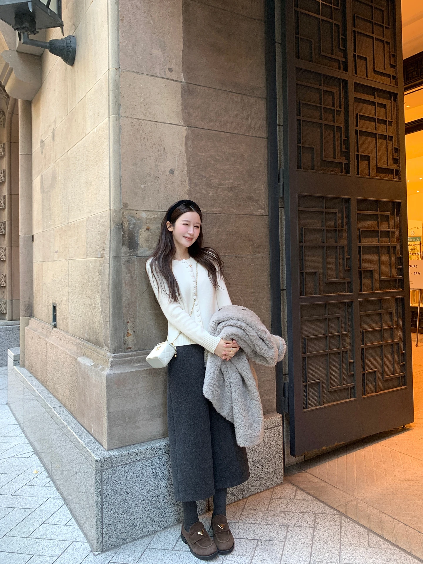 

YANUOYU Grey Wide Leg Pants Eight Parts Woolen Trousers Loose High Waist Slimming Casual High Waist Polyester Blend