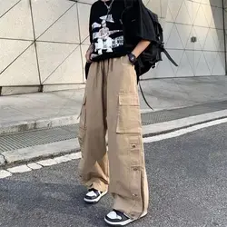 용수철 카고 스트레이트 루즈 탄성 하이 웨이스트 포켓 단추 남성 의류, 캐주얼 단색 빈티지 바지, 가을