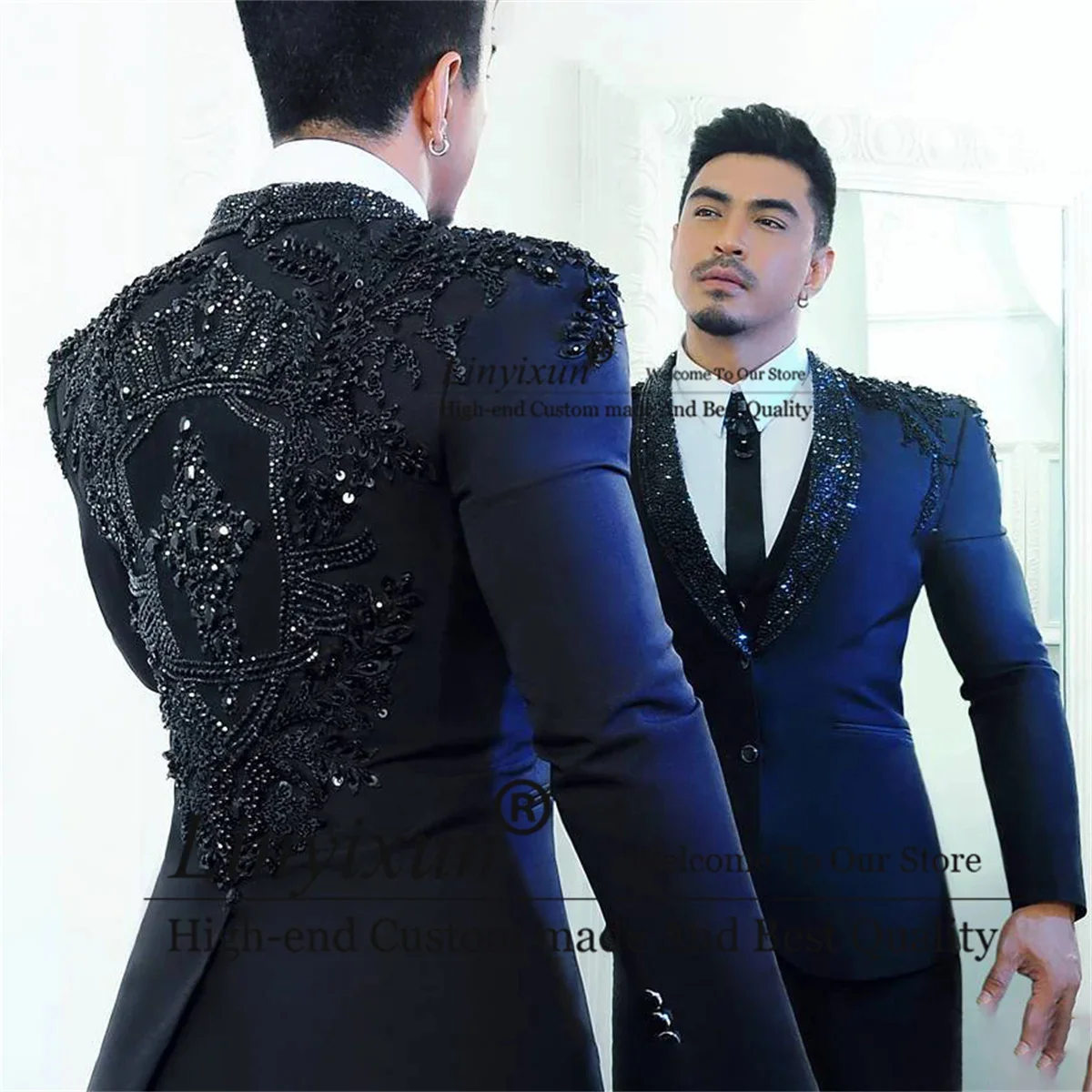 Shiny Beaded Crystals Men Suits 3 Pieces Sets Groom Tuxedos Shawl Lapel Male Prom Blazer Customized Terno Masculino Completo