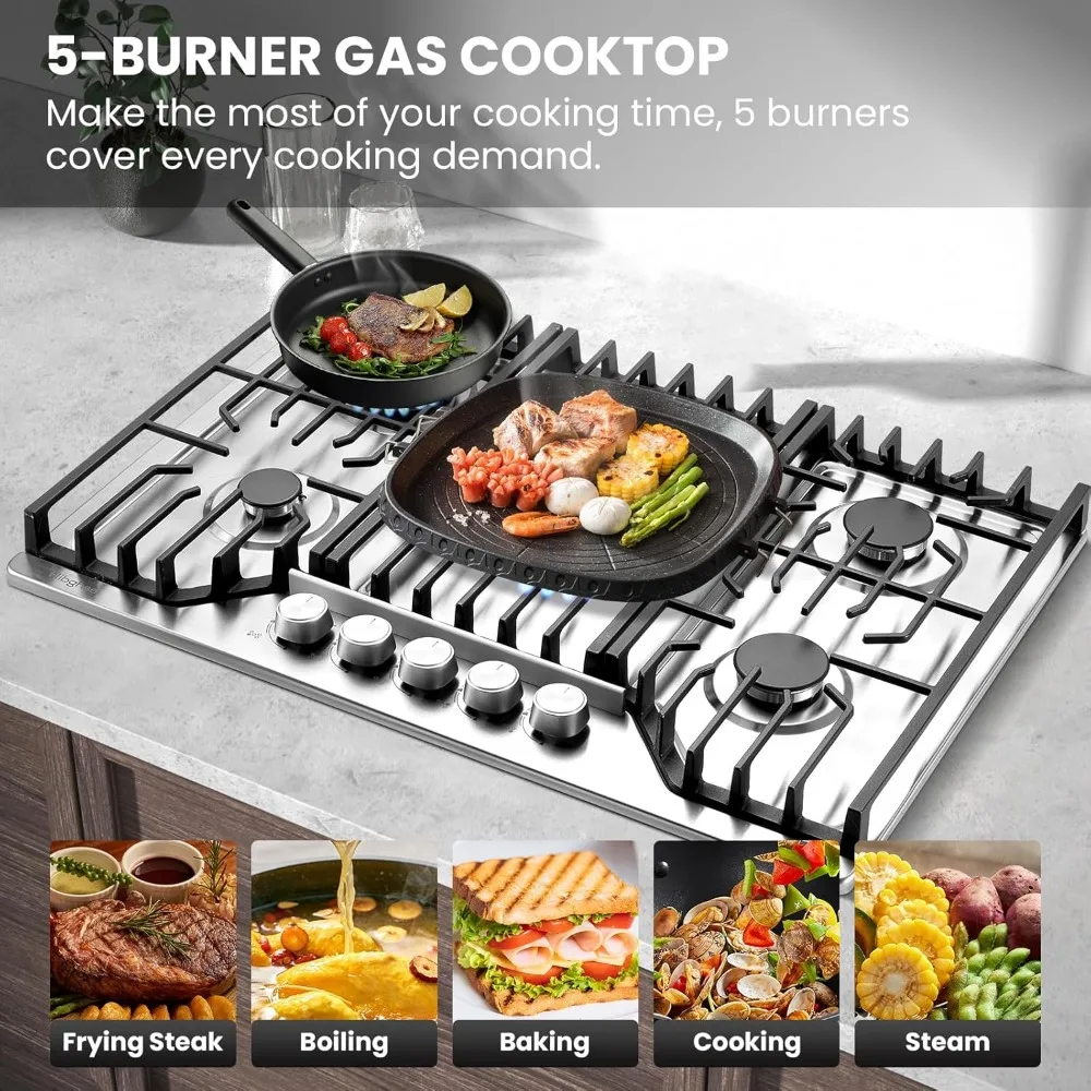 Estufa de gas de 30 pulgadas con 5 quemadores sellados, estufa empotrada de acero inoxidable con protección de termopar, gas