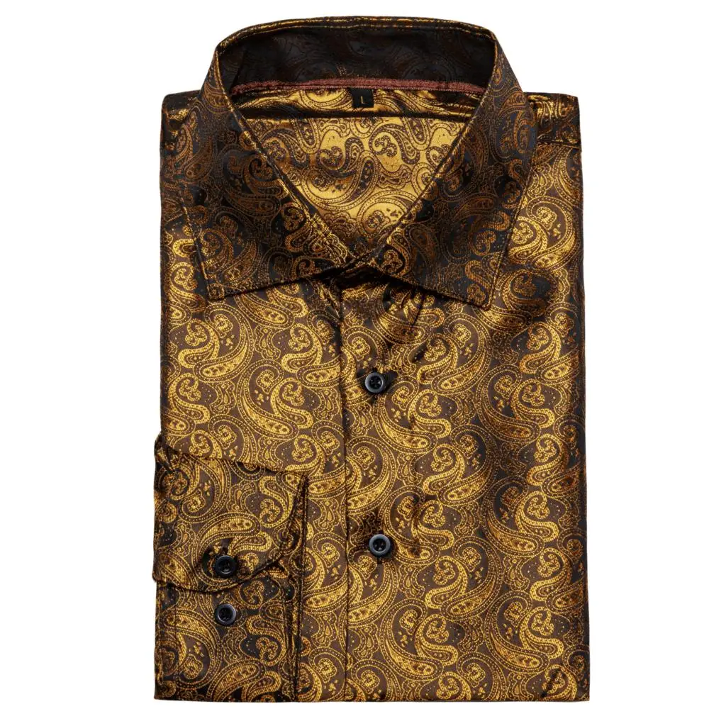 Designer Herrenhemden Seide Gold bestickt Paisley Blume Langarm Casual Blusen Slim Fit Kleidung Revers Tops Barry Wang