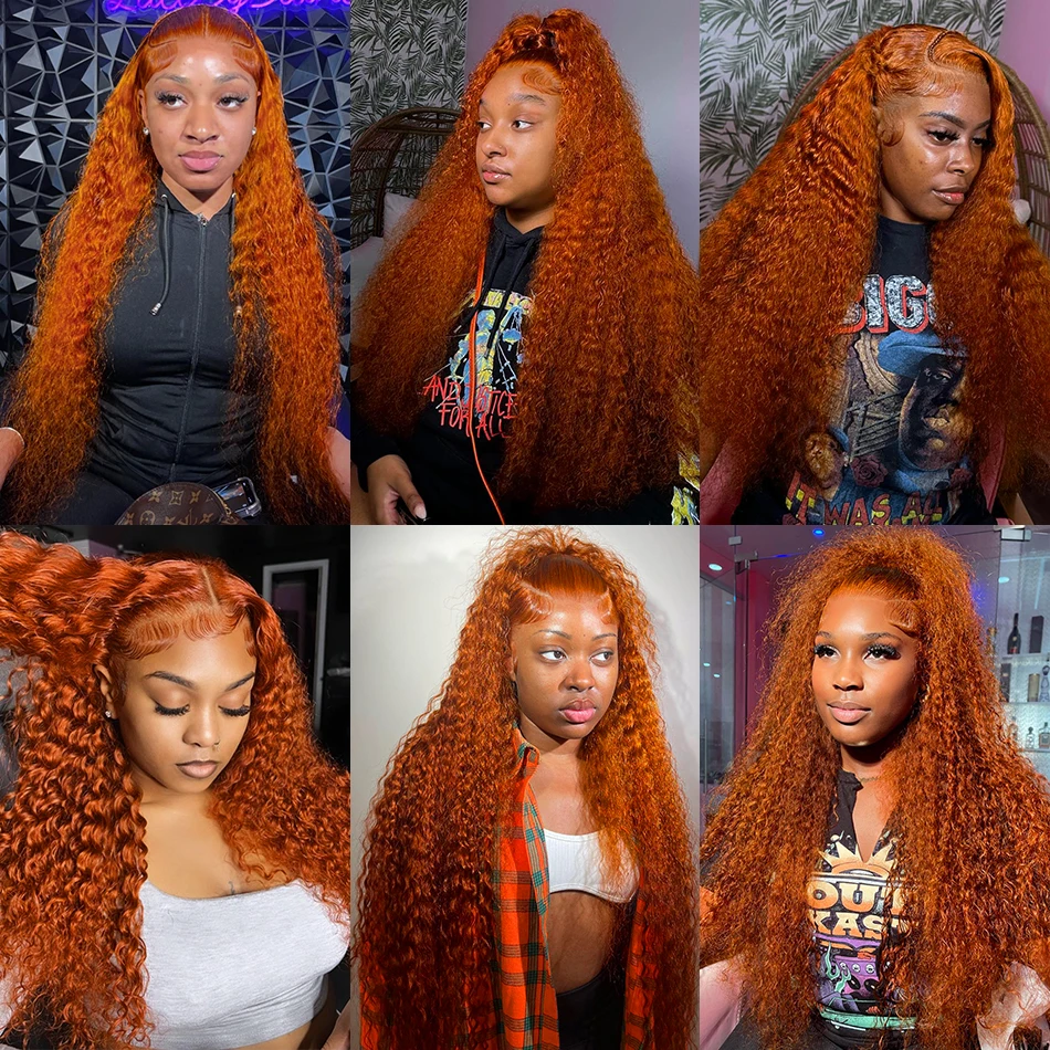 Perruque Lace Front Wig naturelle bouclée, cheveux humains, Deep Wave, orange, 13x6, 13x4, 30-40 pouces, densité 180, pour femmes africaines