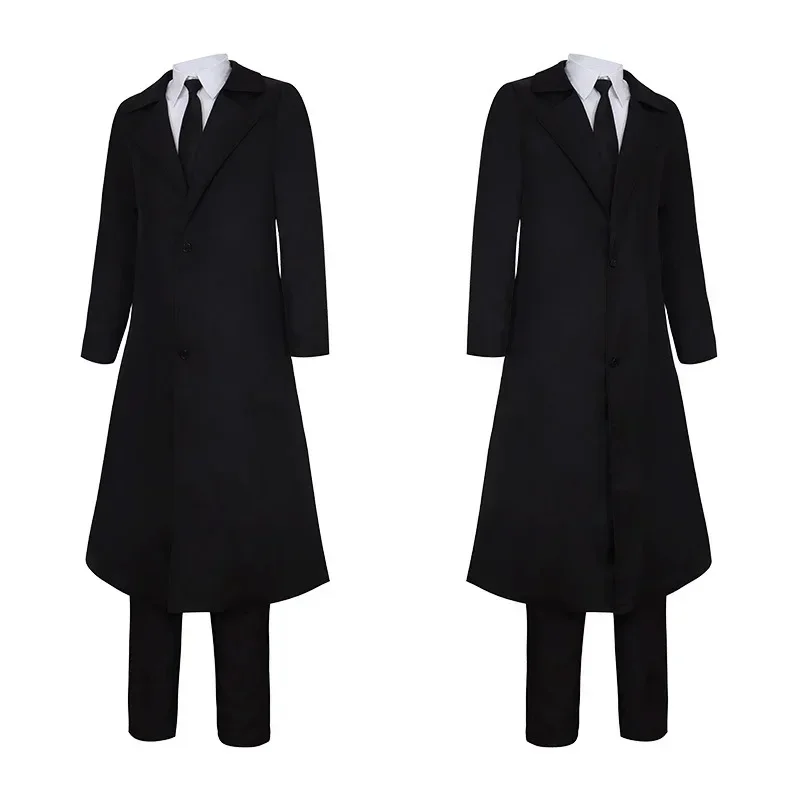 Wat22 anime motosserra homem cosplay traje preto trench camisa gravata calças makila peruca longa luz vermelha trança masculino wom novo 2025 aa