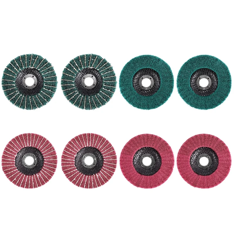 

8PCS 4 Inch Red & Green Nylon Fiber Flap Discs Set Assorted Sanding Grinding Buffing Wheels For Angle Grinder