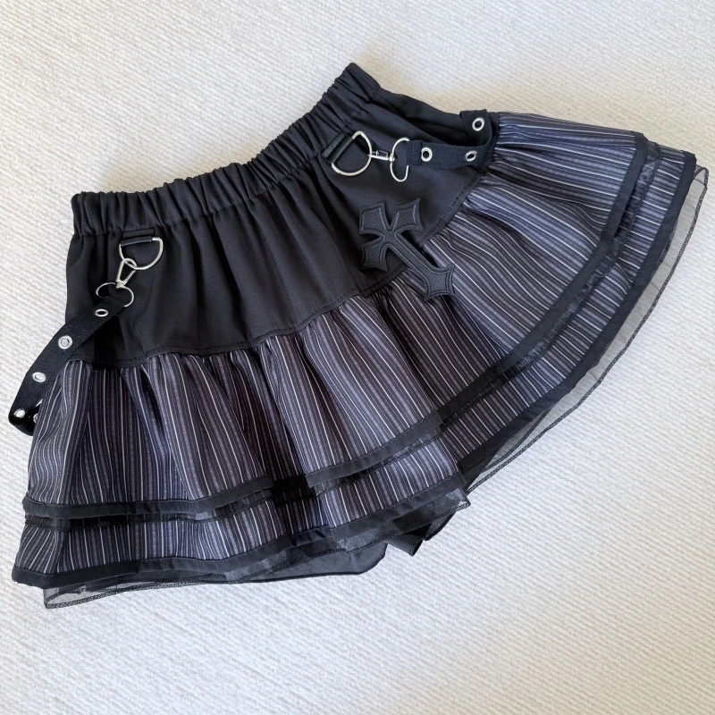 

Japanese Darkly High-waist Hot Girl Short Skirts Women's Y2k Black Patchwork Striped Cake Skirt High Street Vintage Thin Outfits