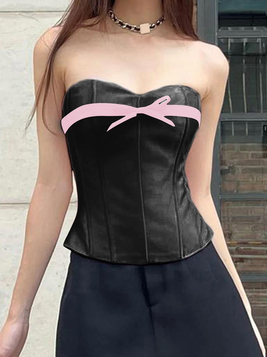 Top a tubino corsetto da donna senza maniche senza spalline con fiocco anteriore Bustier Cross Tie-up Bandeau Tops