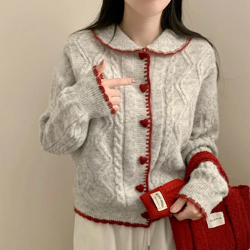 Słodkie, delikatne kardigany z dzianiny, jesienne damskie swetry z kołnierzykiem Piotrusia Pana, zapinane na jeden guzik, płaszcze w stylu koreańskim, modne topy.