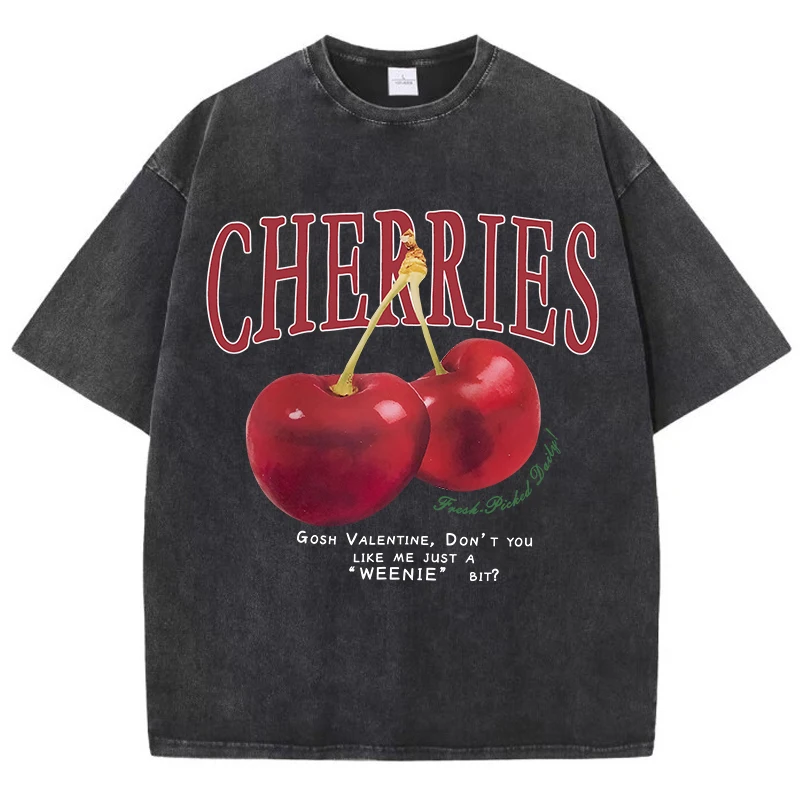 Fresh Red Cherries Print Tops Women Men Cotton Washed T-Shirts Fashion O-Neck Distressed Tee Shirts Summer Street Female Clothes