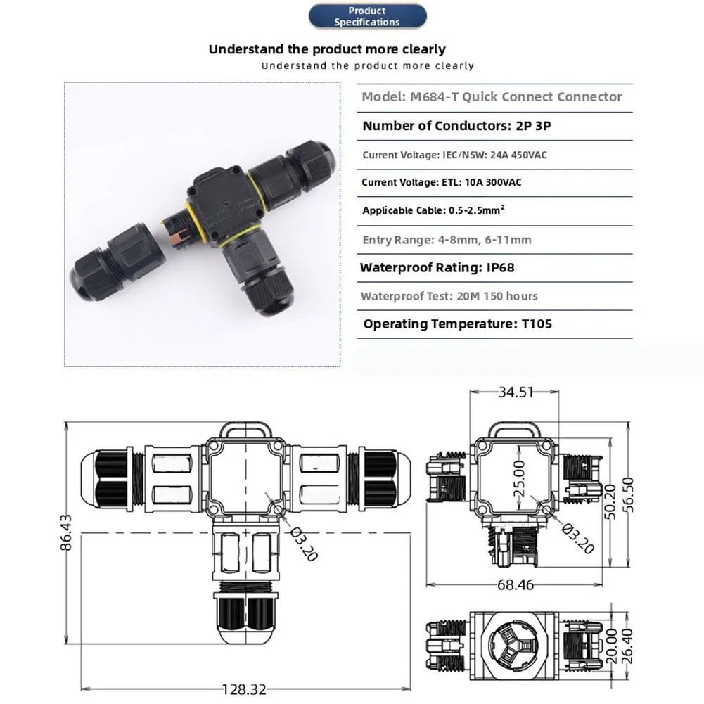 Waterproof 3-Core Connector Kit 3pcs IP68 Rated for LED Lighting Power Cables 4-8mm 6-11mm Cable Compatibility
