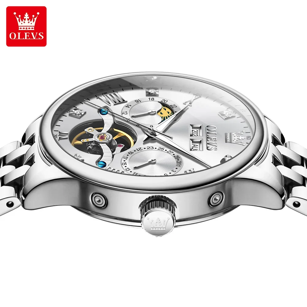 OLEVS 7023 orologi da uomo Luxury Moon phase impermeabile orologio meccanico automatico originale per uomo orologio da uomo con datario in acciaio inossidabile