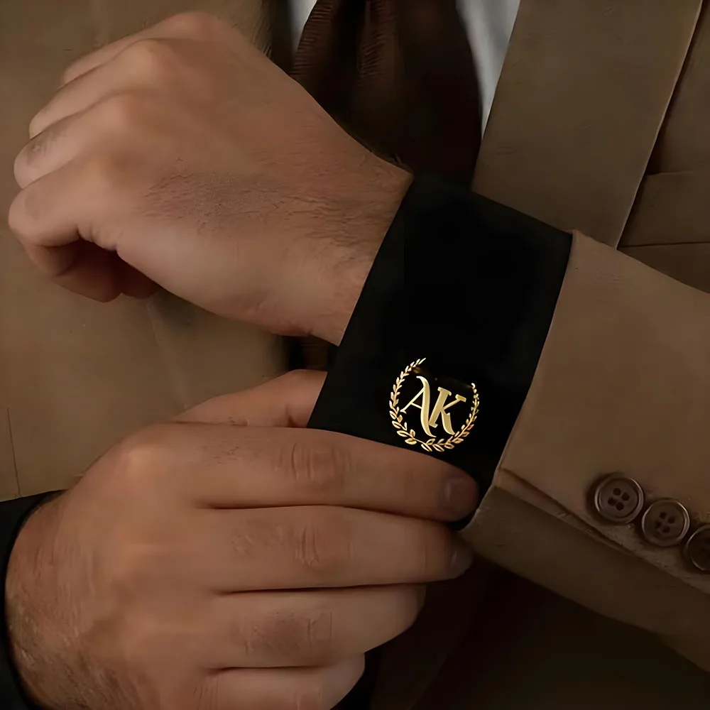 Custom Wreath Monogram Initial Cufflinks Personalized Laurel Two Letter Cuff Links 18K Gold Plated Stainless Steel for Men Busin