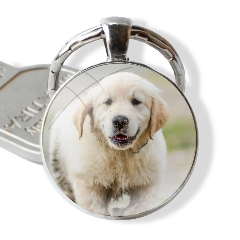 Fashion Design Cartoon Creative Keychain Handmade Glass Cabochon Key Ring Holder Pendant Key Chains Popular Golden Retriever Dog