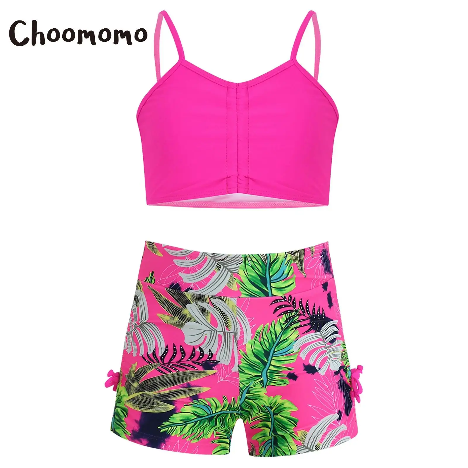 

Kids Girls 2-Piece Swimsuits Tropical Print Drawstring Tankini Bathing Suits Hawaiian Summer Beach Sport Bikini Swimwear