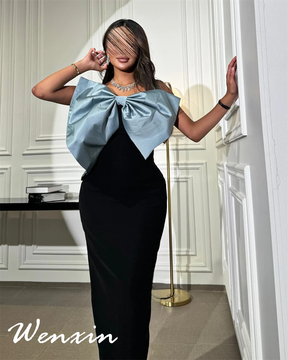 Robe De soirée en Jersey noir doux, personnalisée, sans bretelles, sans manches, robes De retour, à la mode, avec nœud