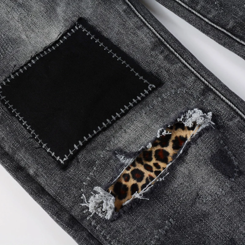 Jeans Merek Tren Amerika Celana Skinny Denim Tambalan Robek Pria Abu-abu Asap High Street Celana Kaki Lurus Melar Musim Panas