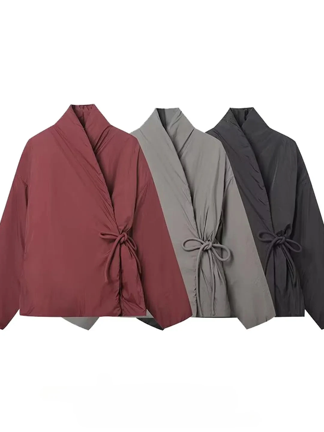 Zimowy płaszcz bawełniany damski, dwurzędowy, z paskiem, w stylu kimono, ze stójką.