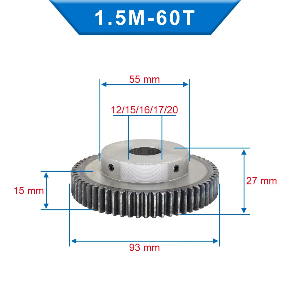 1 Piece 1.5M60T Spur Gear Bore 12 / 15 / 16 / 17 / 20 mm pinion gear Low Carbon Steel Material High Quality gear wheel for moto