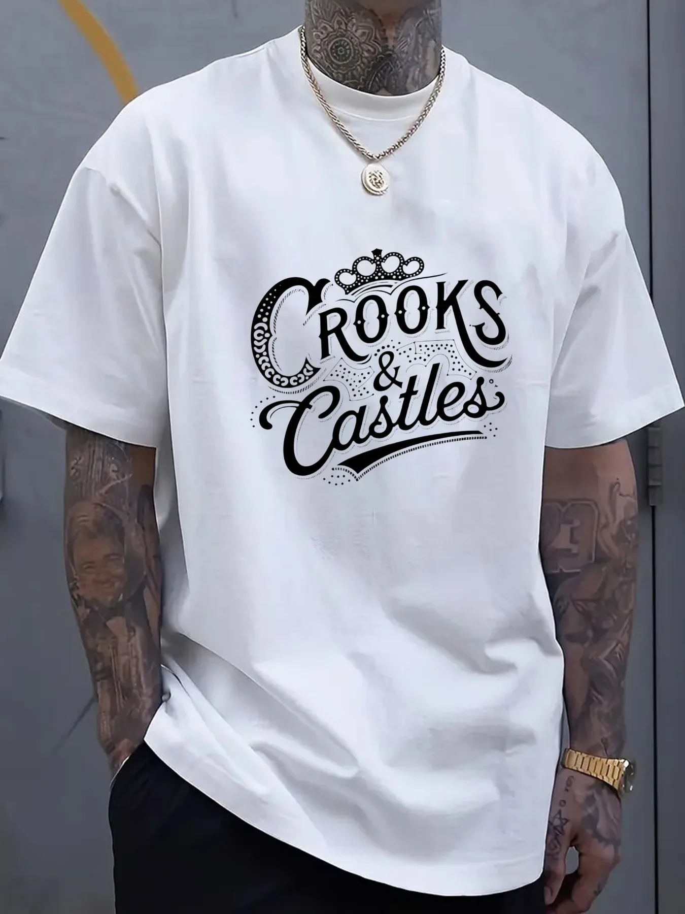 

Crooks Castles Men's Black T-Shirt with Embroidered Logo Geometric Design Streetwear Fashion Regular Fit Casual Tee