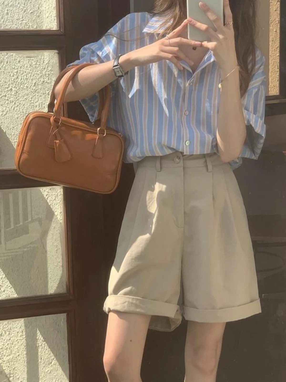 

Blue Striped Shirt And Suit Short Pants Two-Piece Set College Style Small Girls Salt System Professional Outfit Summer Set