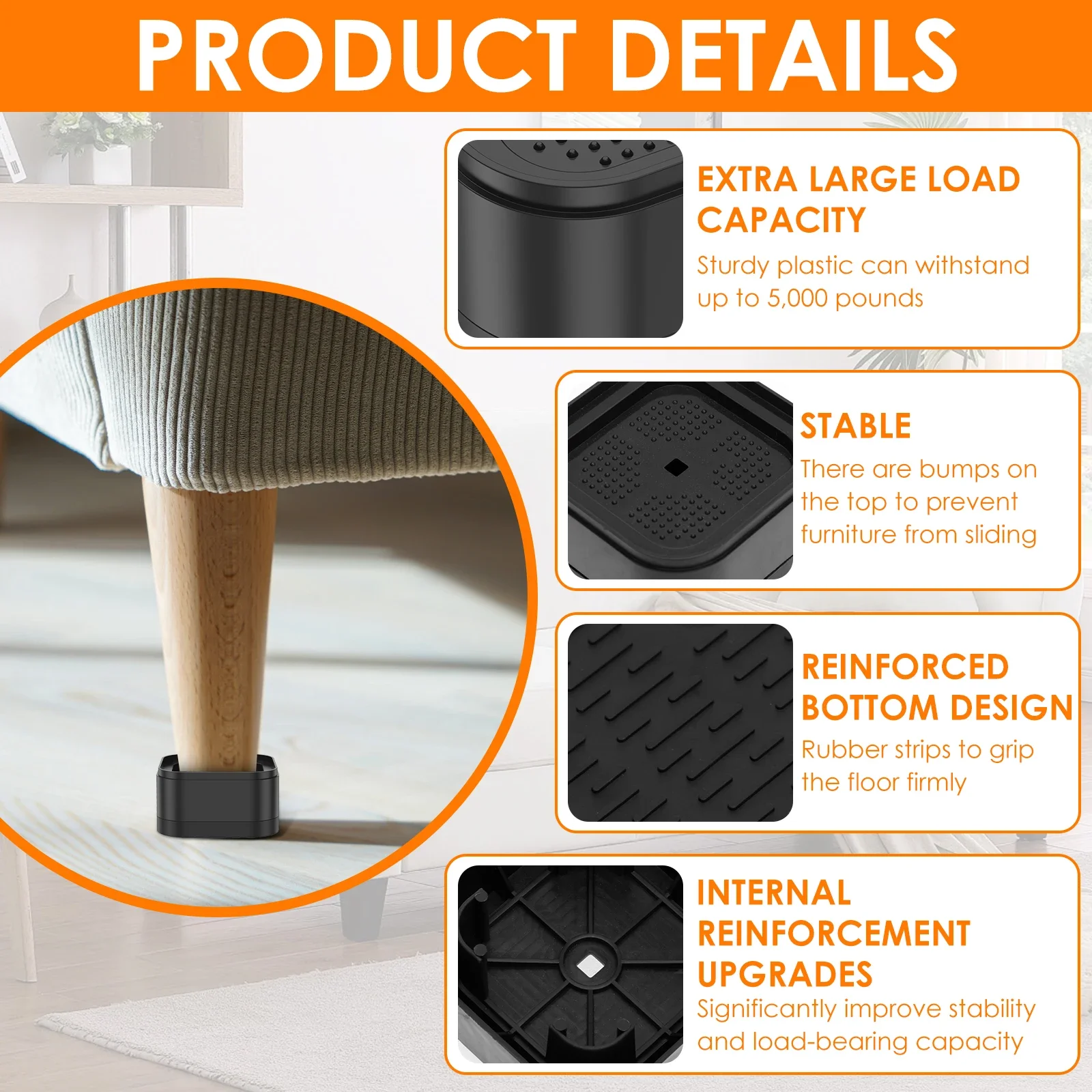 8/16 Pcs Furniture Risers Heavy Duty Bed Chair Table Heightening Foot Pad Non-slip Floor Protecto Furniture Feet Leg Lift image 3