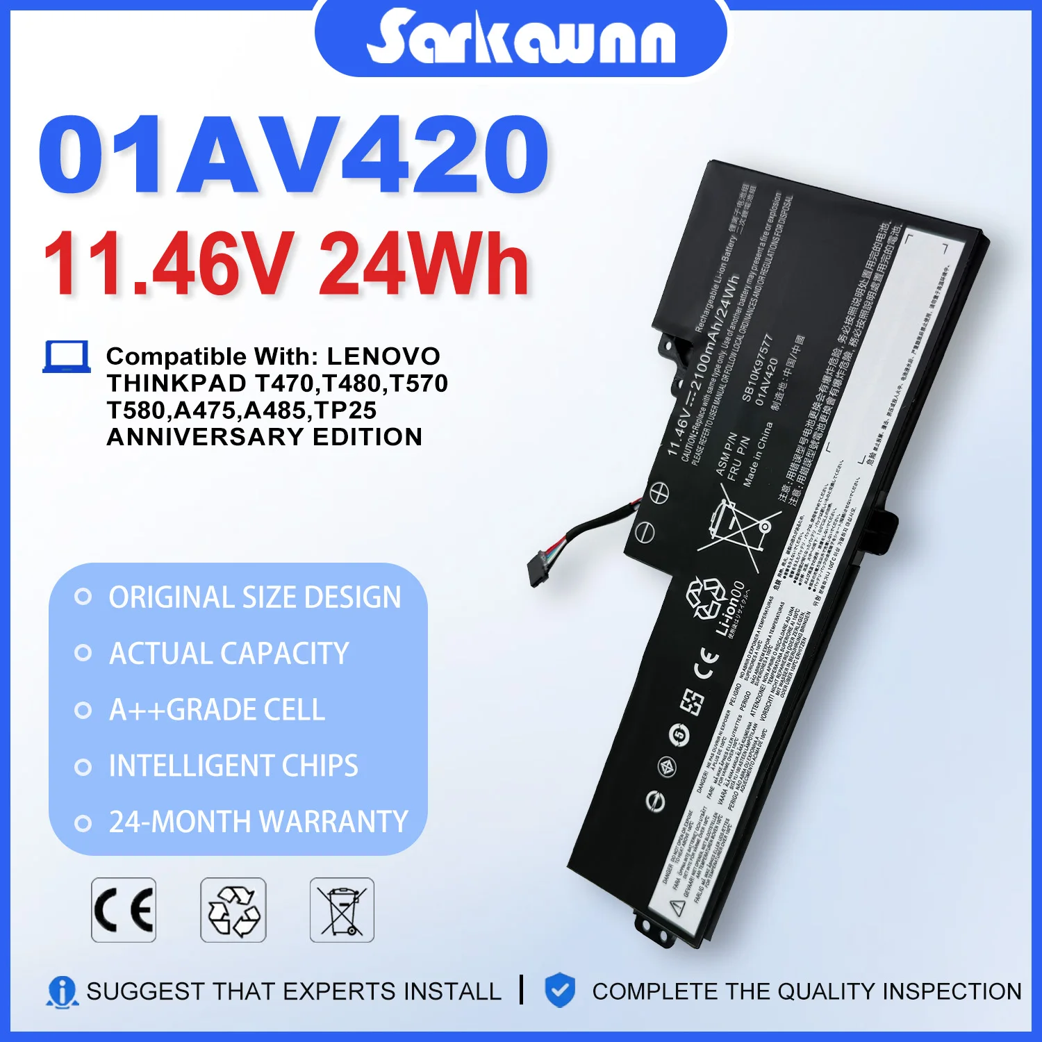SARKAWNN 01AV420 11.46V 24Wh Battery Code:01AV421 01AV420 Brand New Battery For Lenovo ThinkPad T470 T570 Built-in Battery