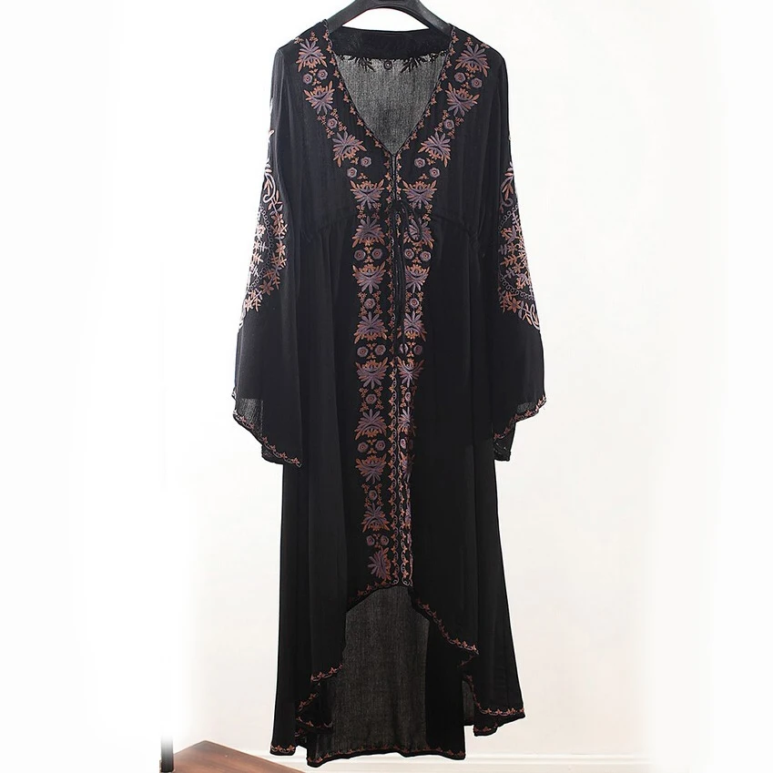 KHALEE YOSE Bohemian Sexy Maxi Dress Long Sleeve Dresses Women Tunic Vintage Floral Embroidered Cotton Casual Hippie Boho Robe