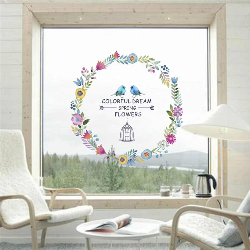 Bird Cage Flower Circle Wall Sticker Living-room Bedroom Decor Spring Theme Mural Art Diy Home Decal For Valentine Gift